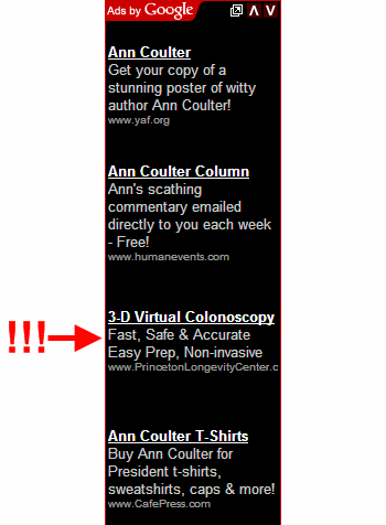 3 Google ads for Ann Coulter books, along with 1 for 'Virtual Colonoscopy'