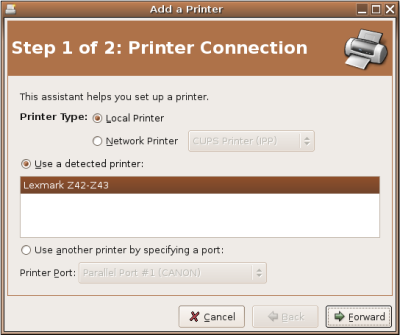 Add Printer wizard in Ubuntu